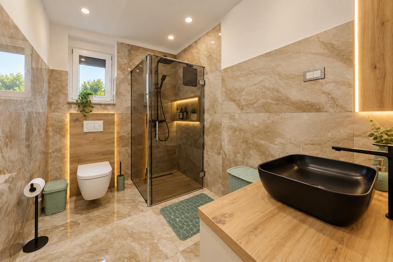 Un baño moderno con ducha acristalada, inodoro blanco, lavabo negro y tocador de madera.