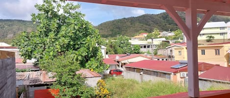 A residential area with houses, a tree, and a red car.
