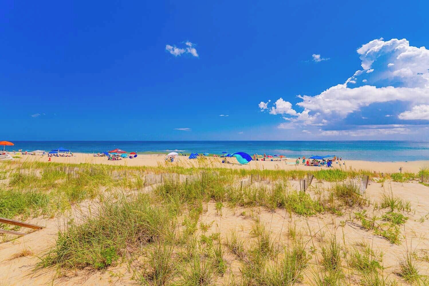 Una playa con dunas de arena, sombrillas y gente.
