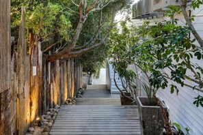A wooden pathway flanked by trees and plants, leading to a building entrance. - Jacuzzi, Large Villa, 2 Pools, Camps Bay -Two Views (Cape Town)