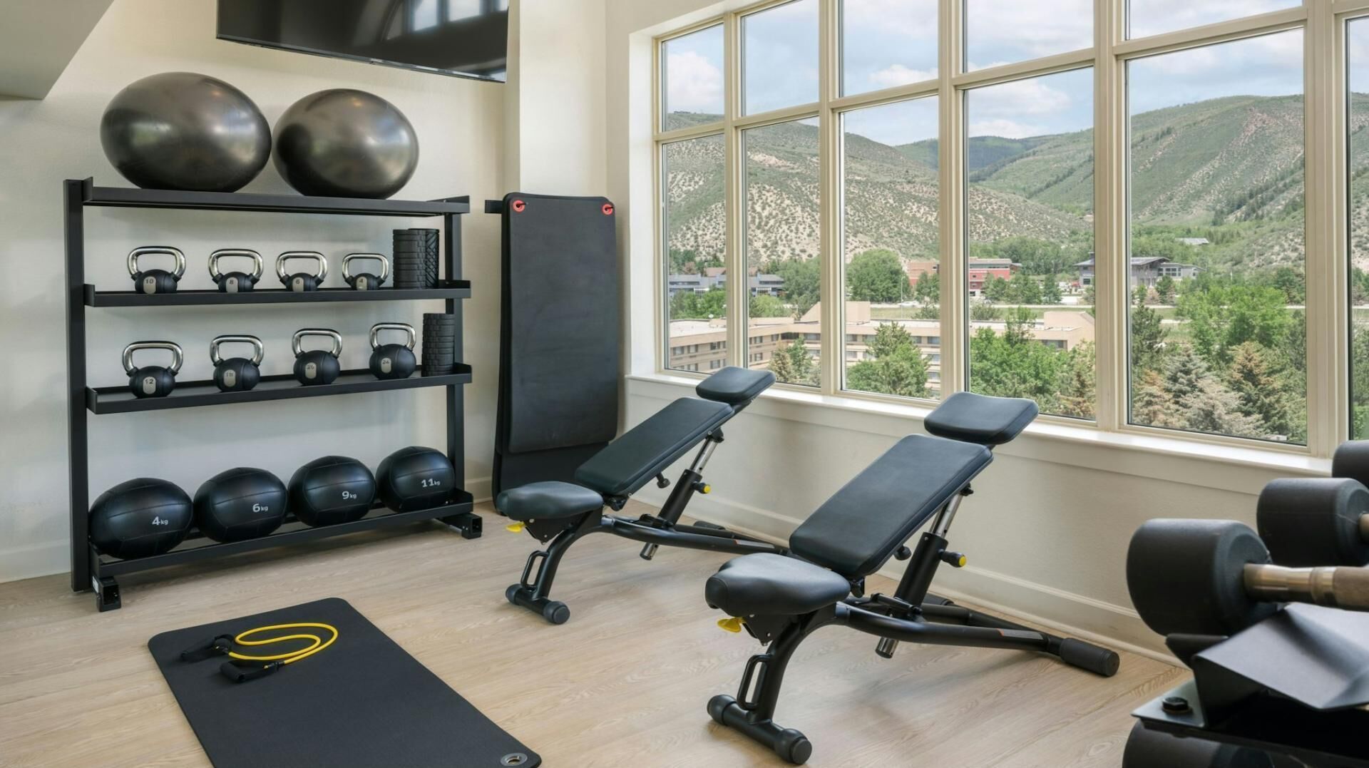 A gym with a bench press, kettlebells, and dumbbells.