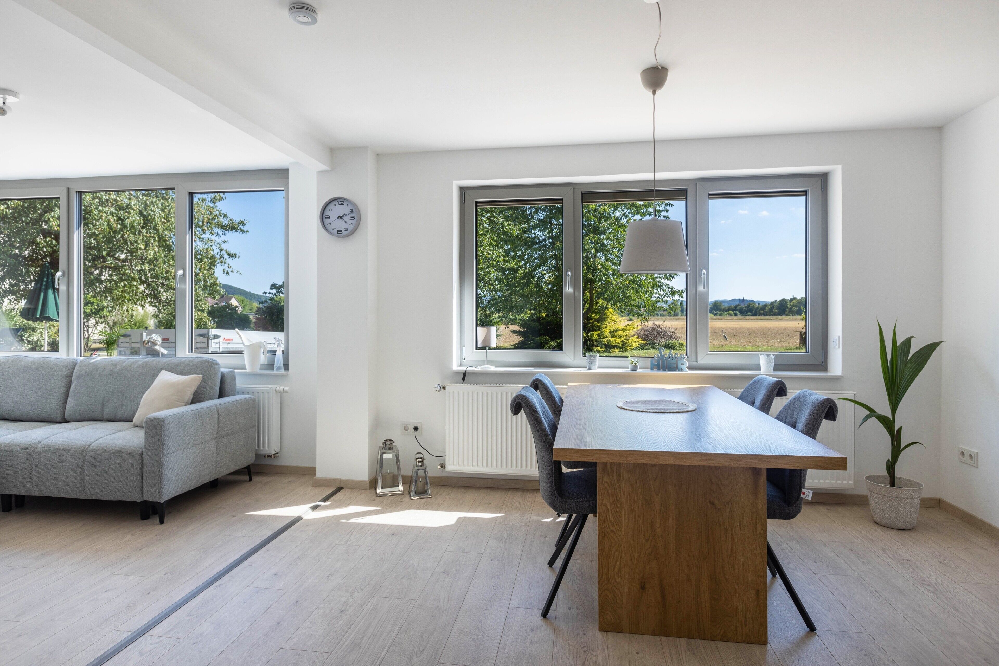 A modern living room with a grey sofa, a wooden dining table with chairs, large windows, and a potted plant.