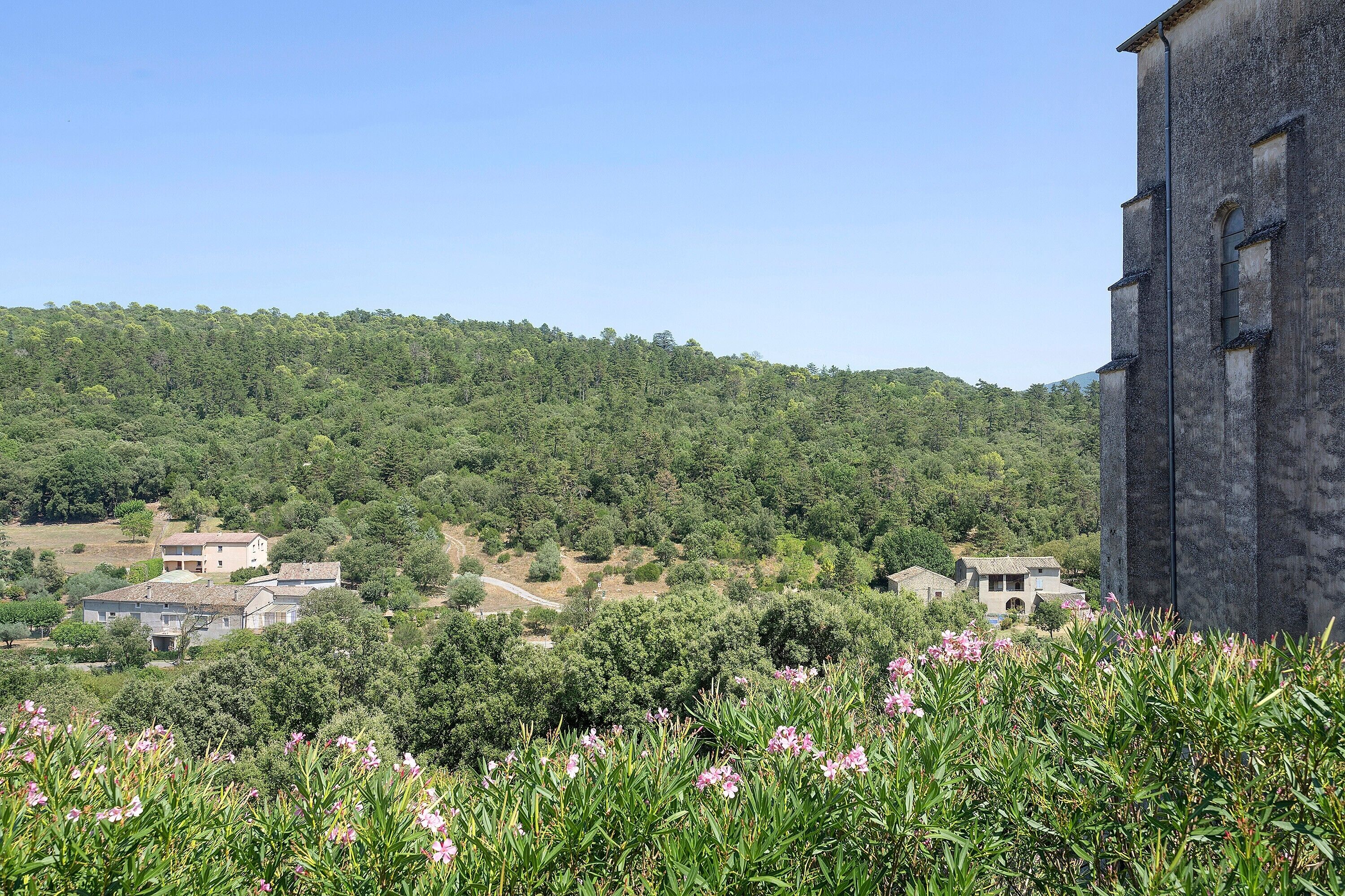 A rural landscape with a stone building, surrounded by greenery and a hill in the background.