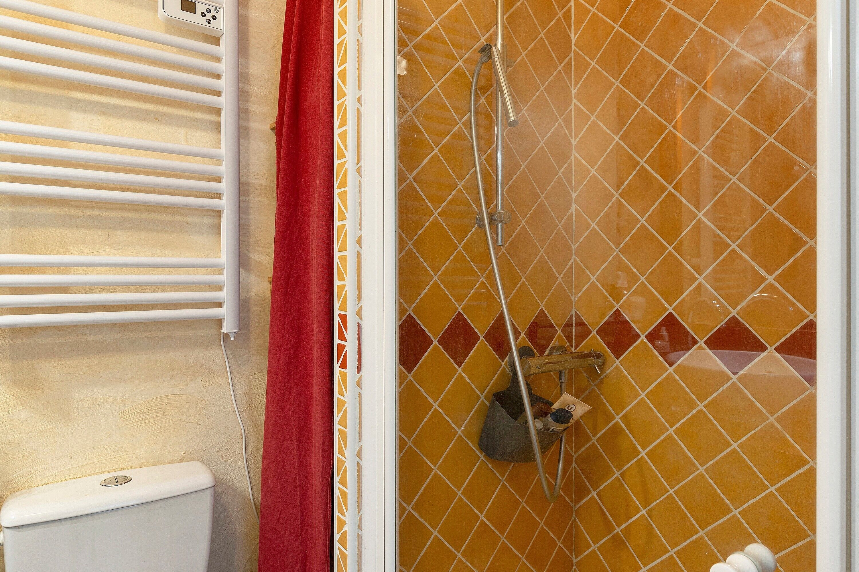 Une salle de bain avec une douche, des toilettes et un porte-serviettes.