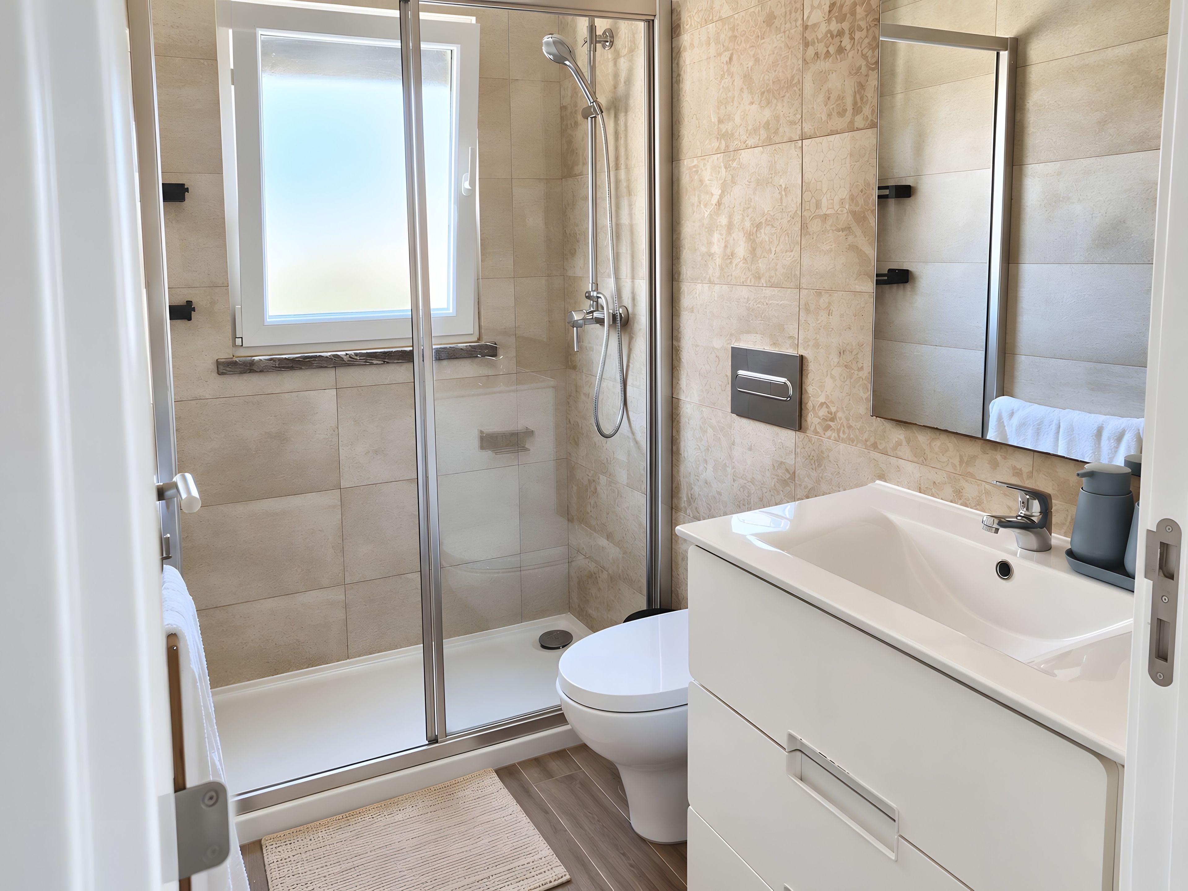 Un baño moderno con ducha envuelta en vidrio, inodoro blanco y un espejo grande sobre el lavabo.