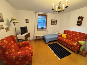 Ein gemütlicher Raum mit Sofa, Sessel, kleinem Tisch, Fernseher, einem Fenster mit Vorhängen und einer Deckenleuchte.