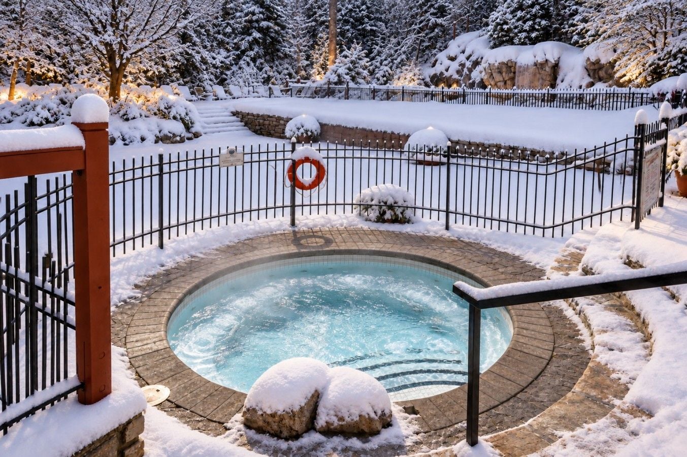 Un jacuzzi rodeado por un área exterior nevada con una valla.