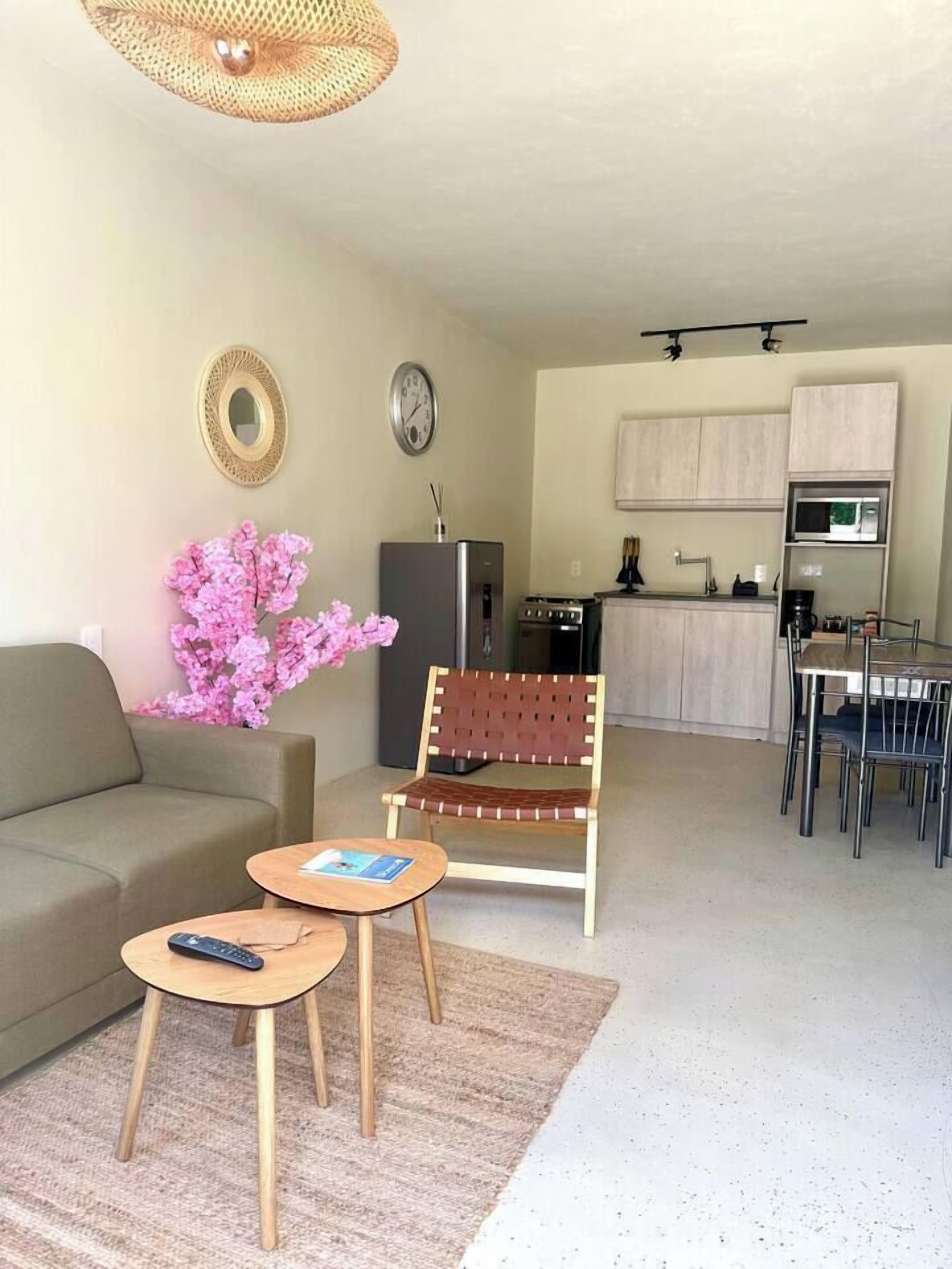 A compact living space with a sofa, a small table, a chair, a kitchen area, and a dining table.