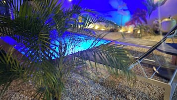 Un espace piscine intérieure agrémenté d’un palmier, de galets et d’une chaise longue.