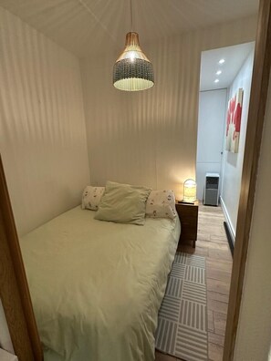 A bedroom with a bed, a nightstand, a lamp, and a patterned rug. - 30 m² apartment in Paris (Paris)