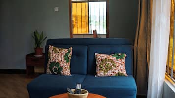 Ein blaues Sofa mit gemusterten Kissen, ein kleiner Holztisch mit einer Topfpflanze und ein gewebter Korb mit Fernbedienungen auf einem Holztisch.