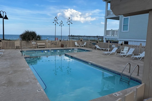 Seasonal outdoor pool, sun loungers