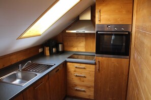 Una cocina compacta con horno integrado, un lavamanos de acero inoxidable y armarios de madera.