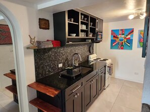 A compact kitchen with dark cabinetry, a black countertop, and a tiled backsplash. - Glenhaven Guest Apt. at 1A Rosemont Ave. (Pembroke)