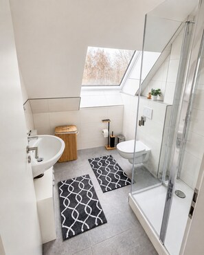 Ein modernes Badezimmer mit Dachfenster, Dusche, Toilette und Waschbecken.
