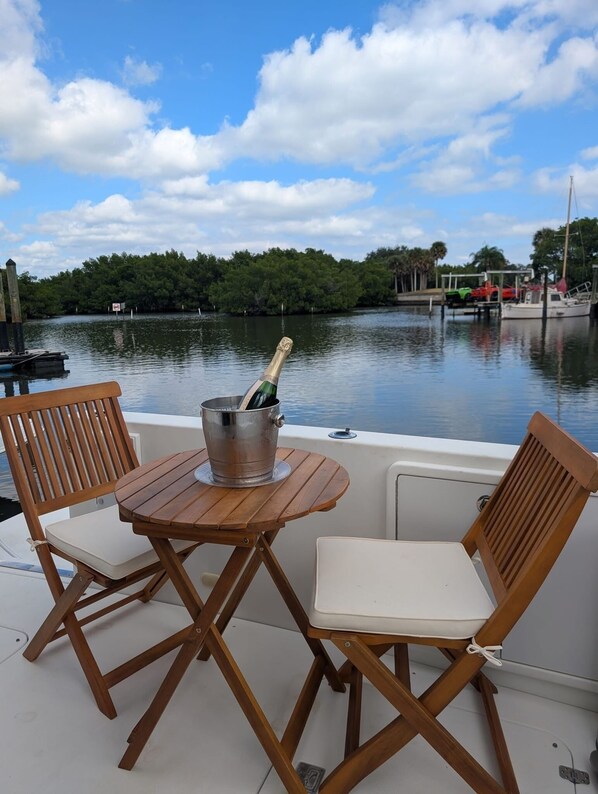 A boat with a table and two chairs, a bottle of champagne, and a calm water body with trees and docks in the background.