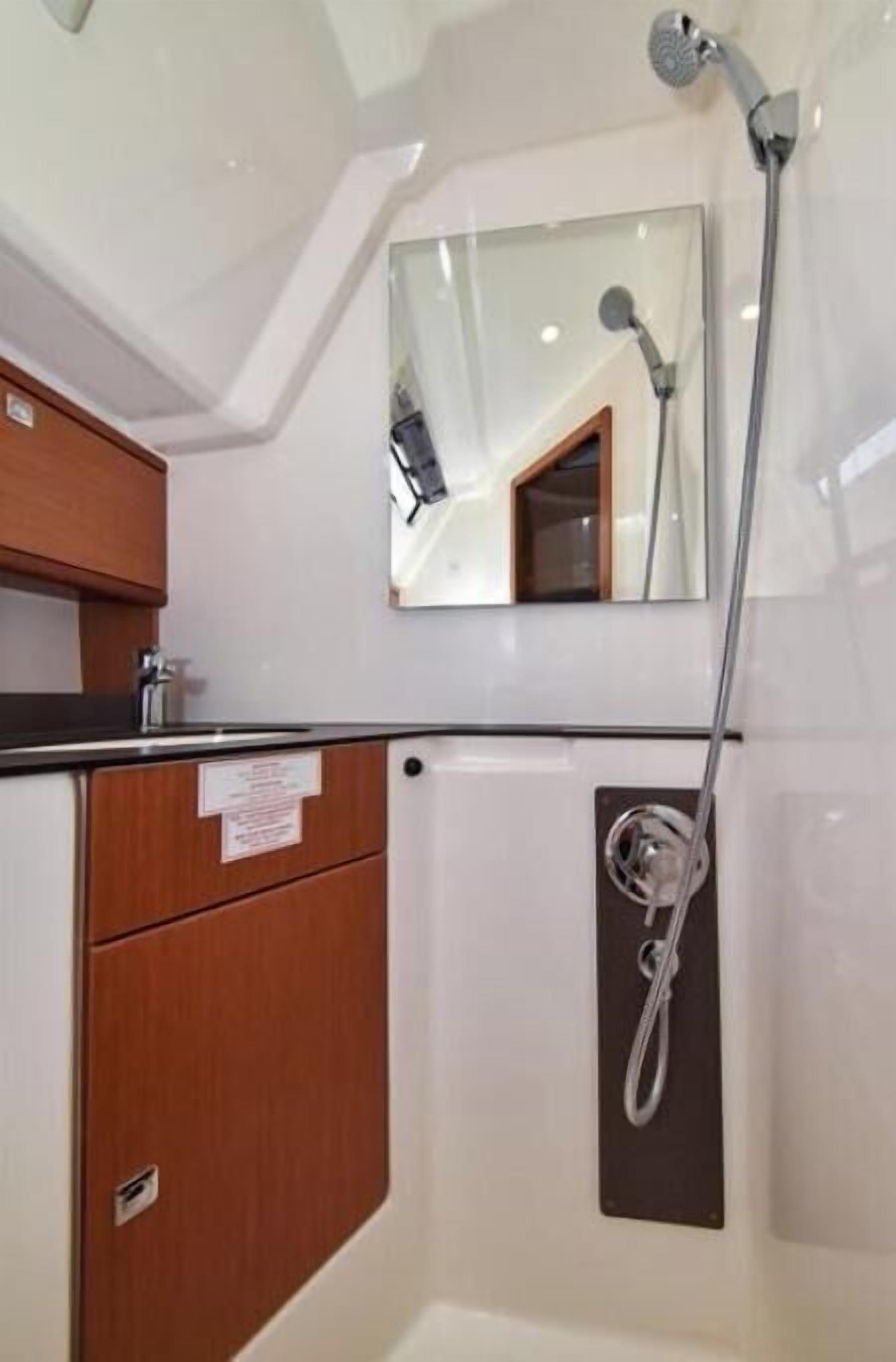 A compact bathroom with a shower, a mirror, and a wooden cabinet.
