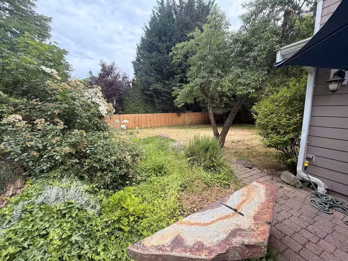 A garden area with a stone bench, a wooden fence, and various plants.