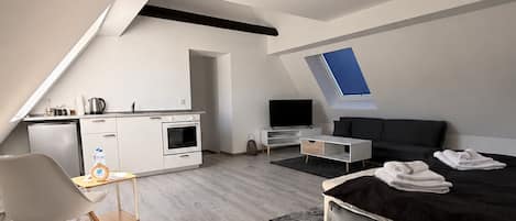 A modern loft bedroom with a skylight, a kitchenette, and a large bed.