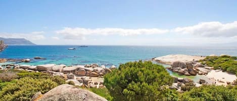 A coastal landscape with rocky terrain, greenery, and a clear blue sea.