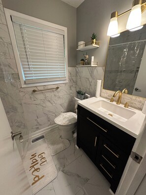Hair dryer, towels, soap, toilet paper