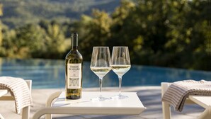 A bottle of Torre di Giano wine and two glasses on a table by a pool with a view of hills. - Villa Bastia by MMega (San Leo Bastia)