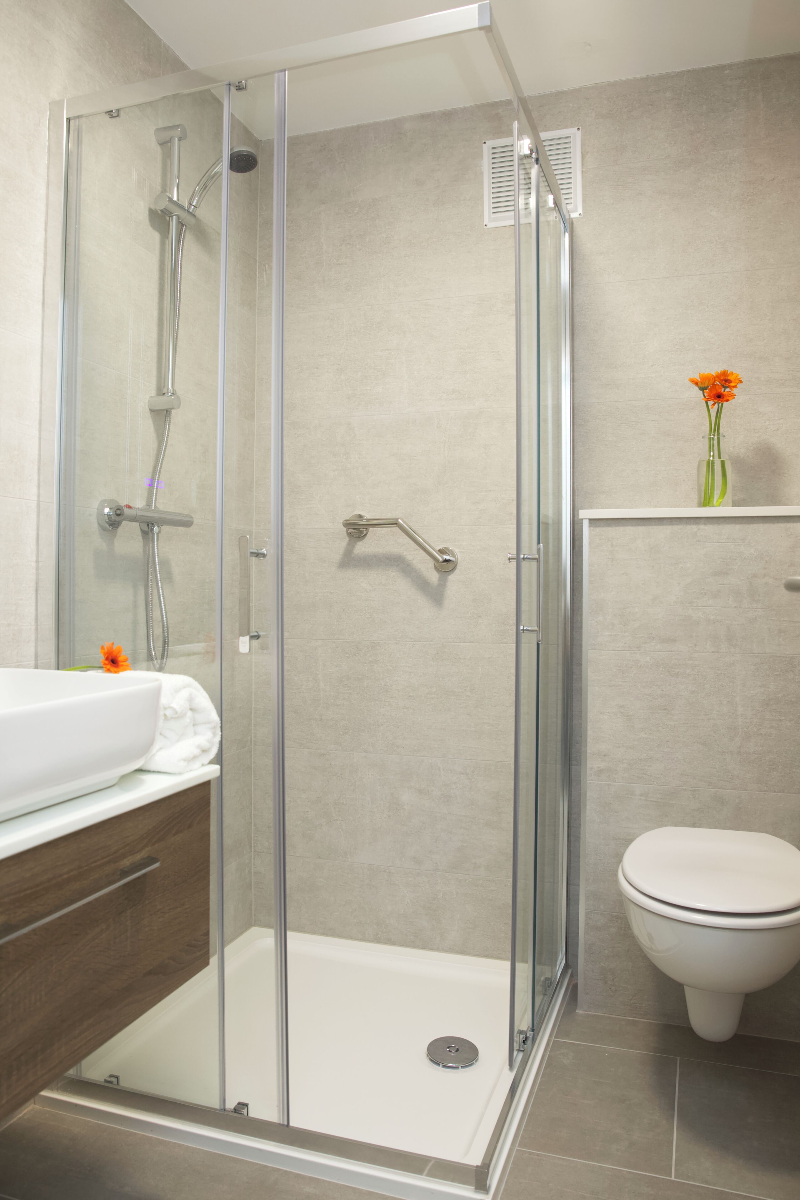 A modern bathroom with a glass-enclosed shower, a white toilet, and a small vase with flowers on a shelf.