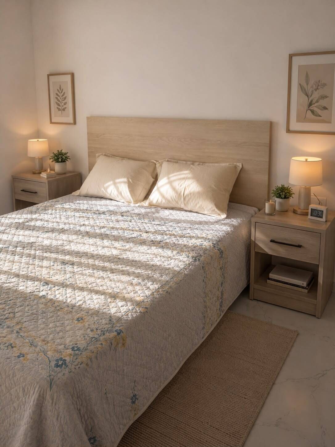 Un lit bien fait, recouvert d’une courtepointe, deux tables de chevet avec des lampes, et des reproductions encadrées de motifs botaniques accrochées aux murs.