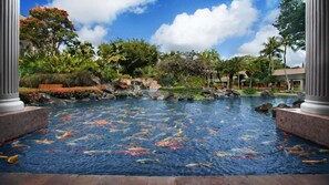 A koi pond with a clear blue sky and tropical vegetation. - Beachfront Kaua'i Escape with Ocean Views (Lihue)