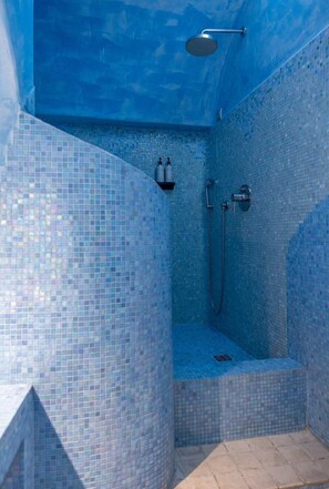 Une petite salle de douche carrelée, équipée d’un pommeau de douche et d’un flexible de douche.