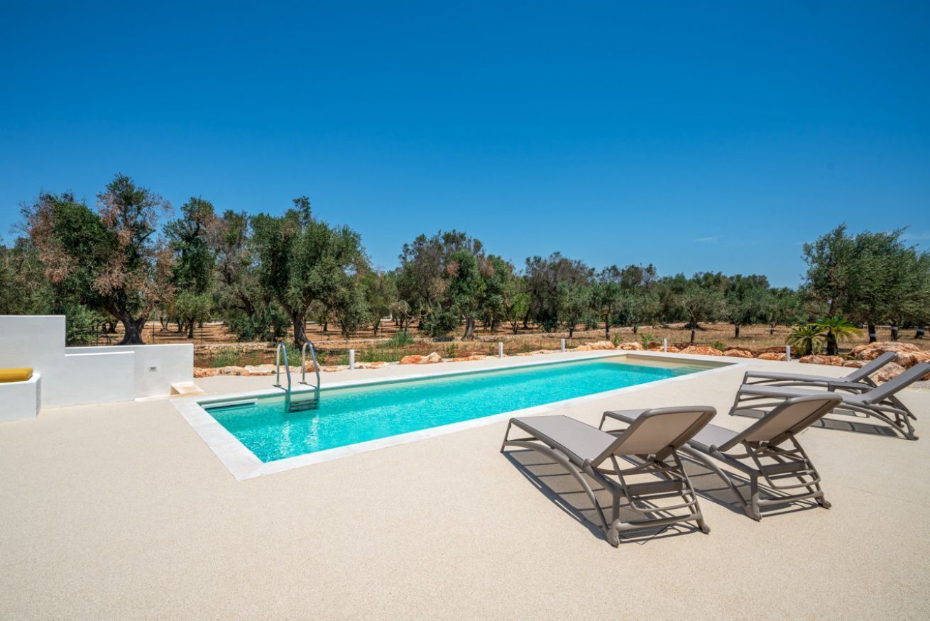 Une piscine entourée d’arbres, avec des chaises longues, sous un ciel dégagé.