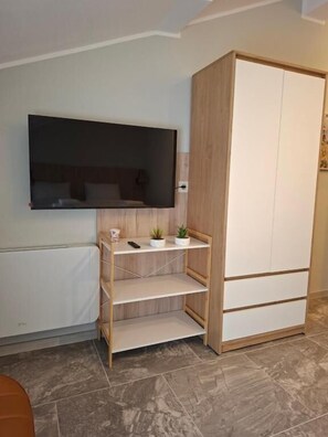 Une pièce avec un téléviseur fixé au mur, une armoire en bois et une étagère sur laquelle se trouvent une plante et une télécommande.