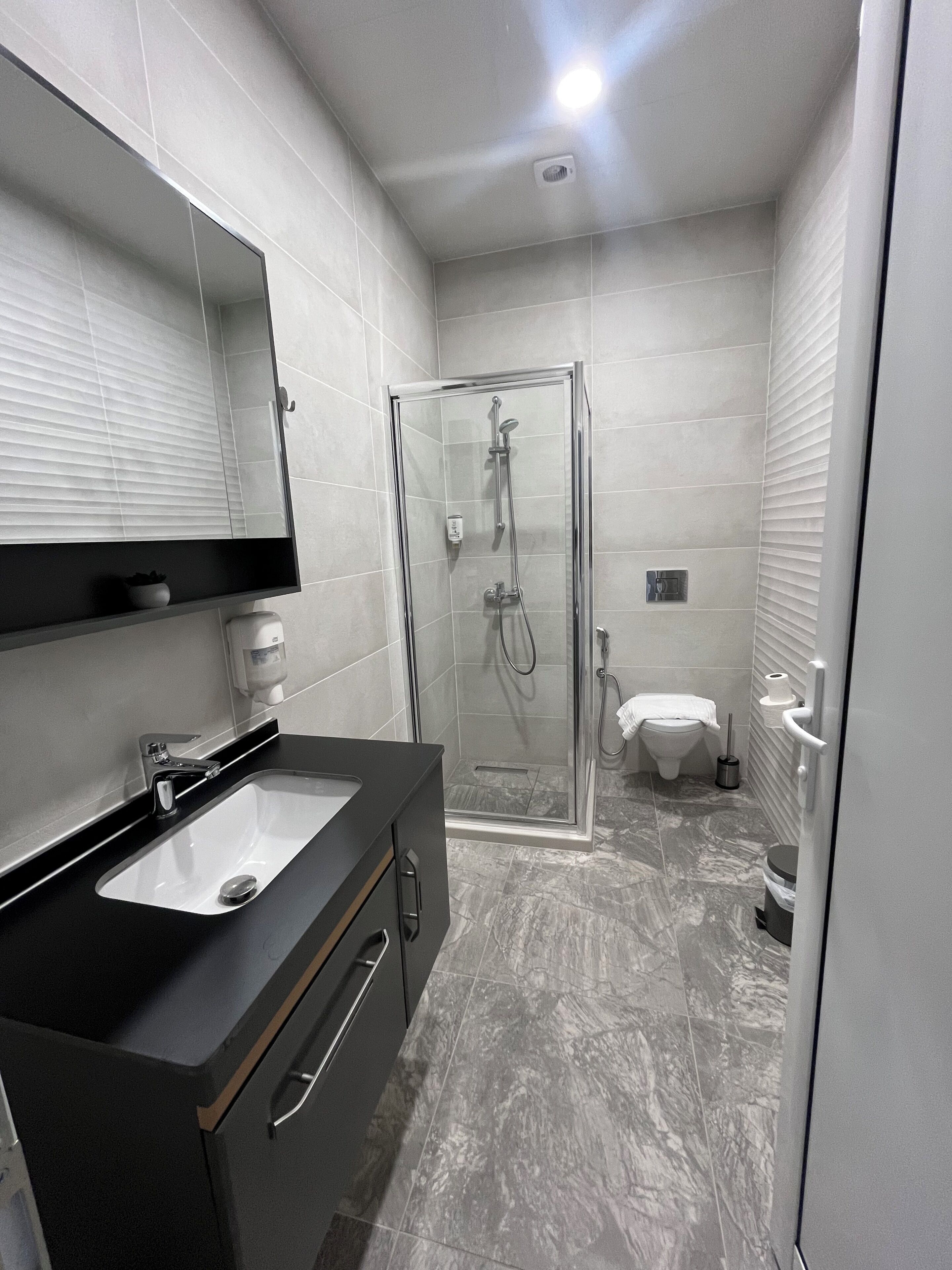 Shower, free toiletries, shampoo, toilet paper