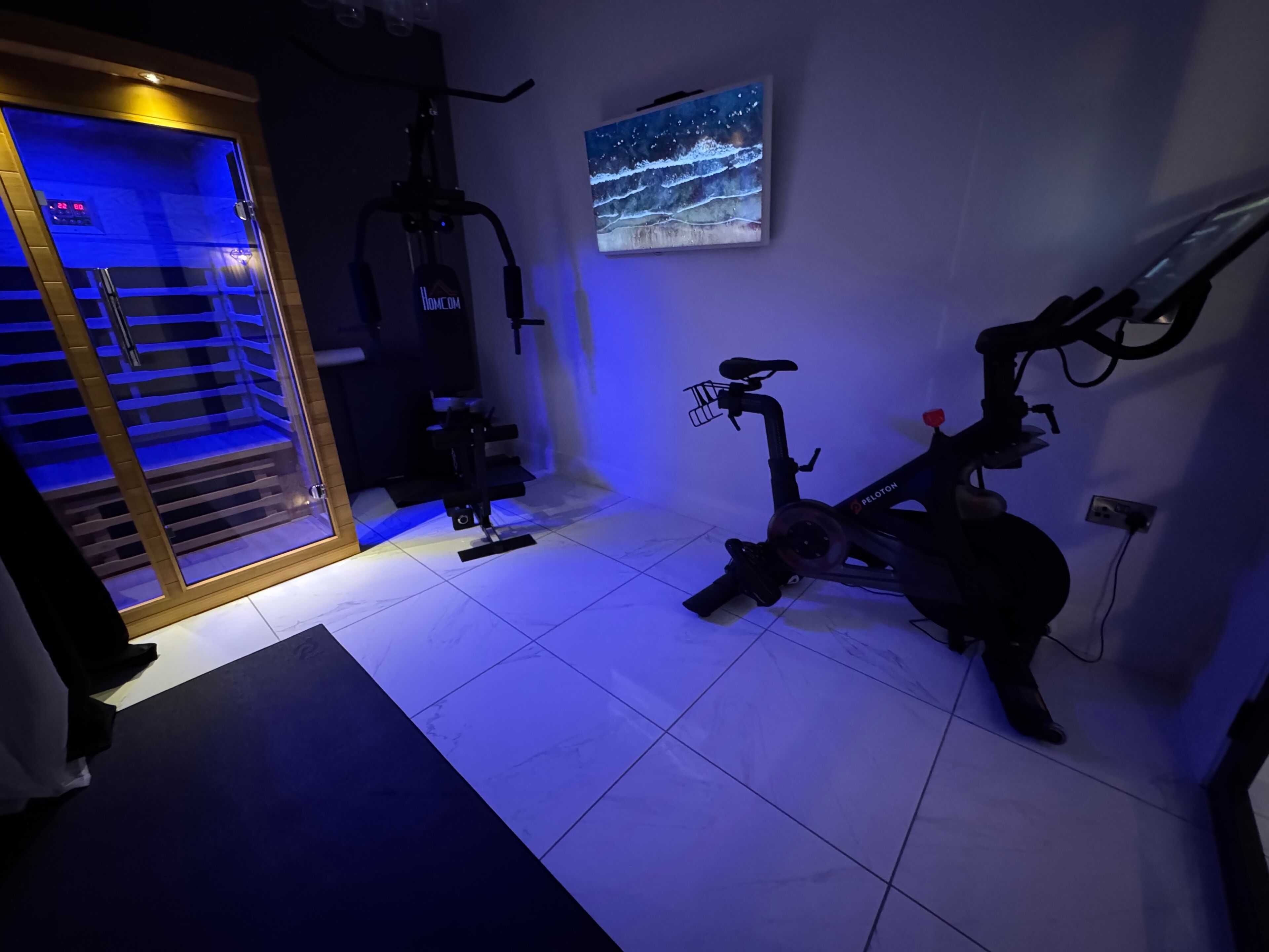 Ett hemmagym med en motionscykel, ett löpband och en styrketräningsmaskin.