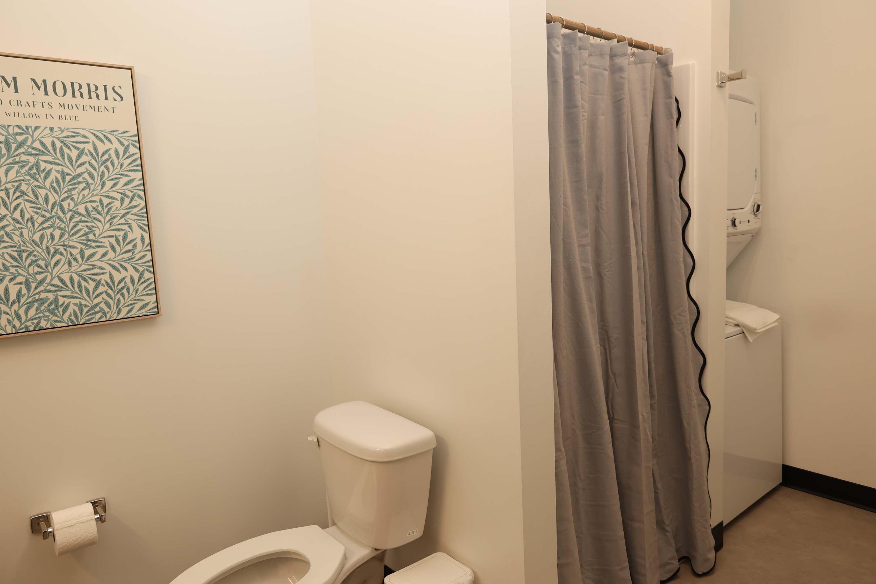 A bathroom with a toilet, a shower curtain, and a poster on the wall.