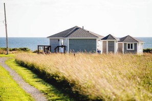 A coastal property with a gravel path leading to a house with a grey roof and a small attached structure.