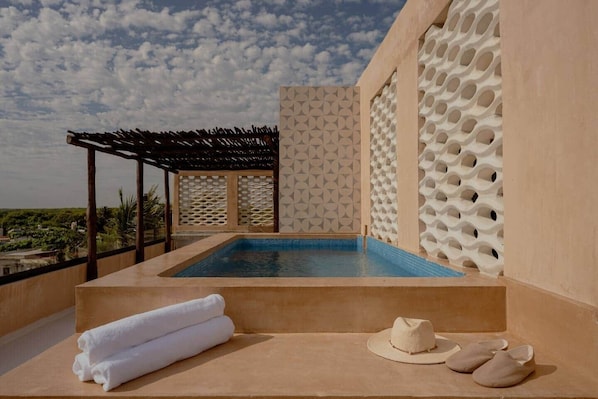 A rooftop pool area with a view of the landscape, a pergola, and a wall with a geometric pattern.