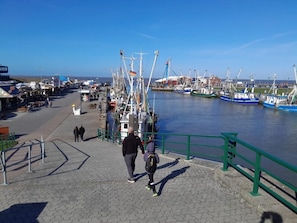 Eine Uferpromenade mit vertäuten Booten und einem Fußweg, bewölkter Himmel.