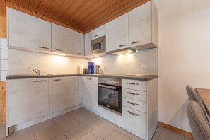 A modern kitchen with grey cabinets, a stainless steel oven, and a microwave. - Gemutlicher Doppelbungalow mit Garten und Kaminofen in Mirow (Mirow)