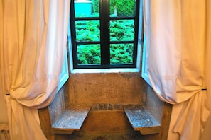 Una ventana con vistas a vegetación, cortinas y un alféizar de piedra.