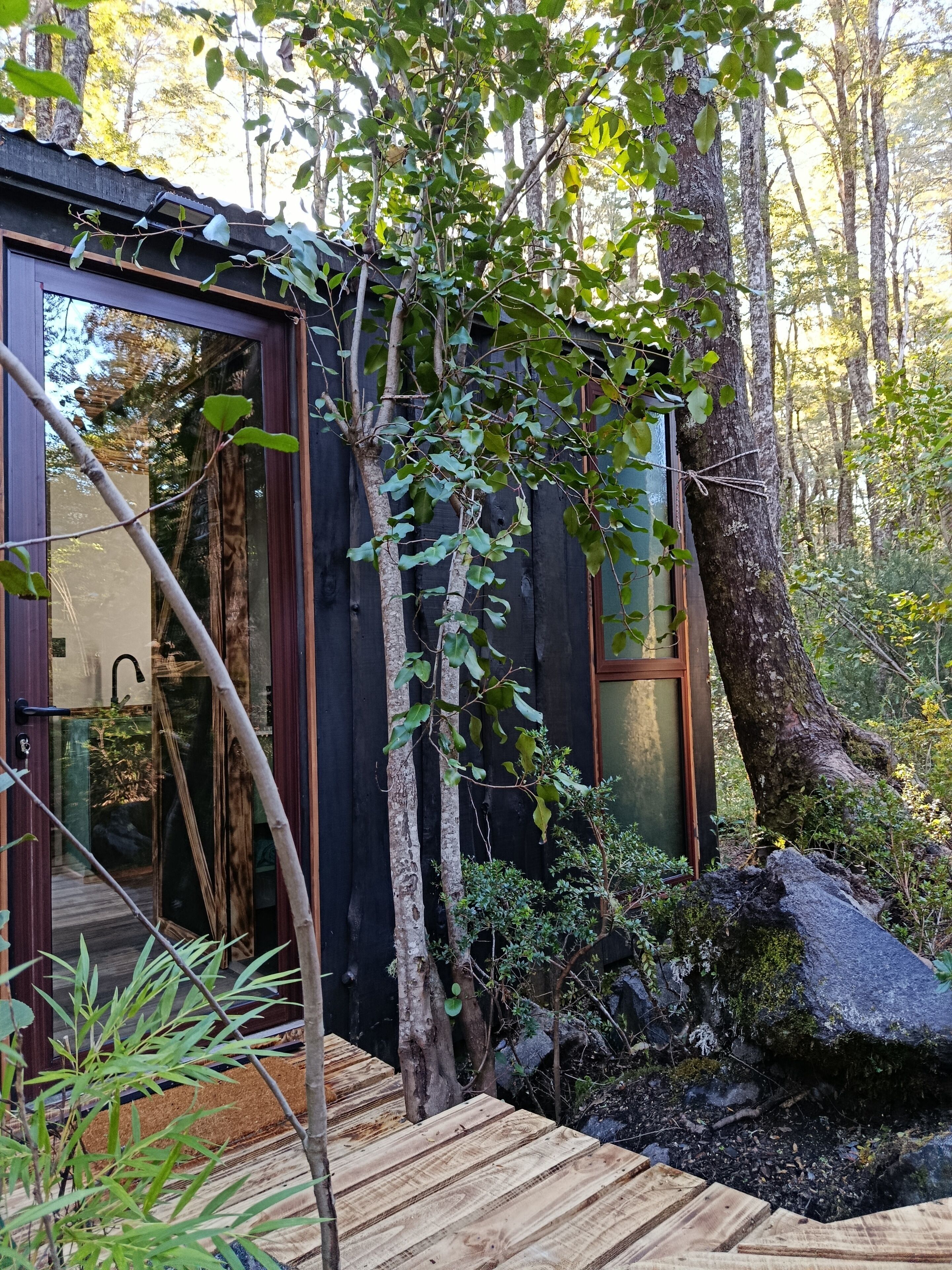 Une terrasse en bois mène à une porte vitrée d’un chalet entouré d’arbres et bordé de rochers.