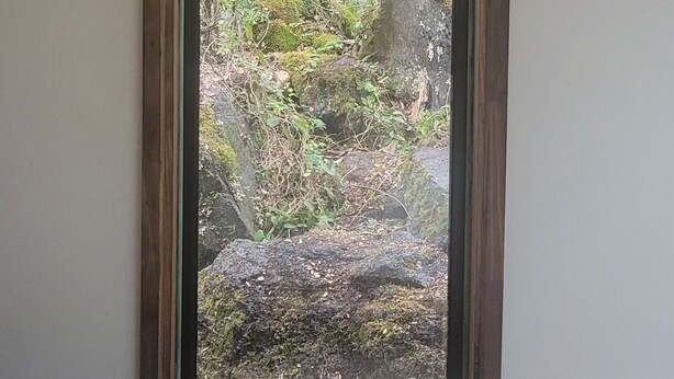 Een kamer met een groot raam met uitzicht op een natuurlandschap met bomen en rotsen.