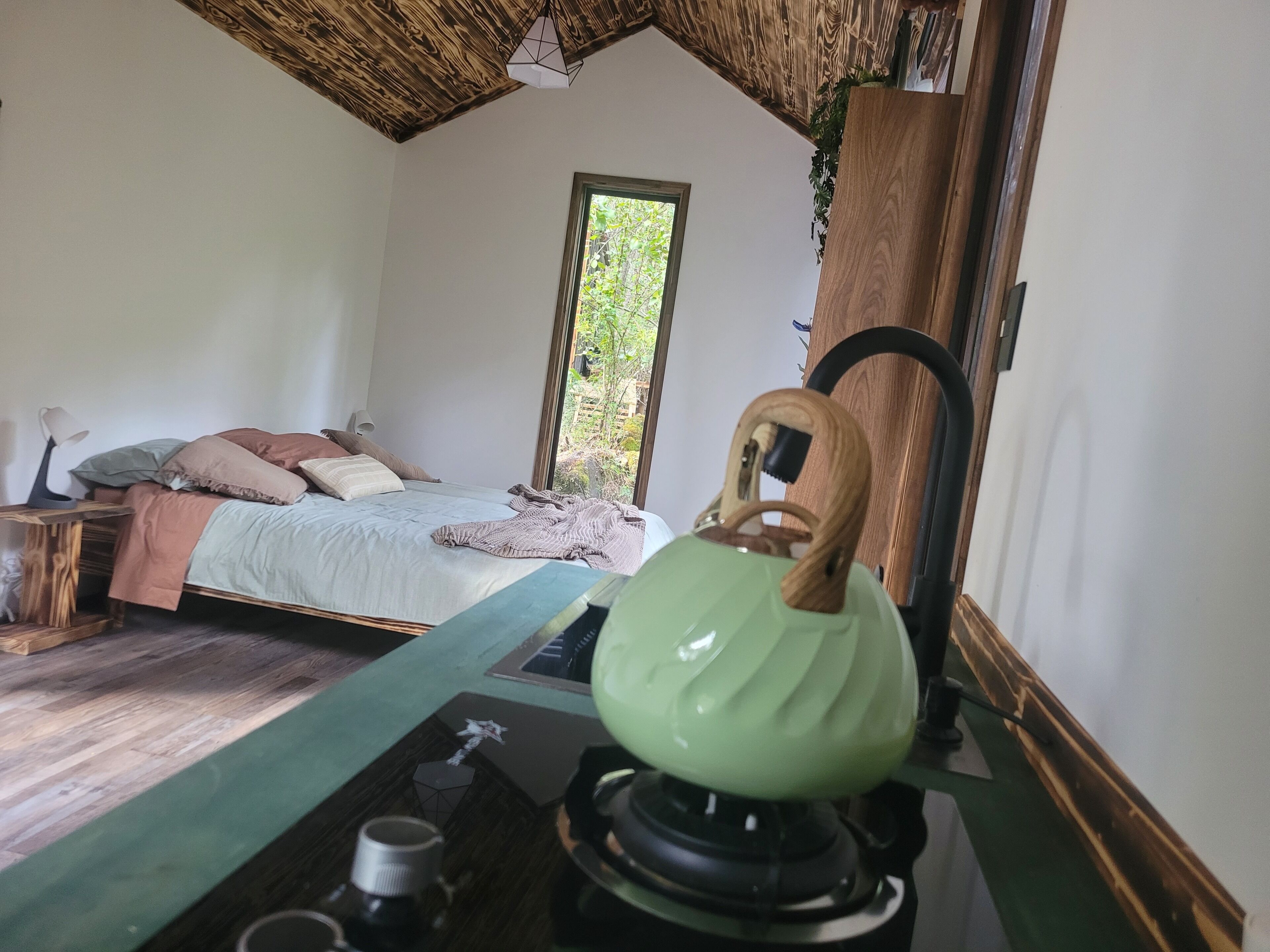 A bedroom with a bed, bedside table, lamp, and a window with a view of greenery.
