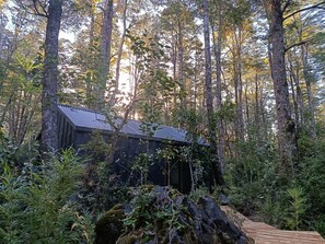 A rustic cabin surrounded by dense forest, with a wooden deck leading to the entrance. - Komorebi Lodge | River, forest, clay tub, breakfast, transportation. All-inclusive (Huililco)