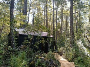 Eine Holzhütte im Wald mit einer hölzernen Terrasse, die zu ihr führt.