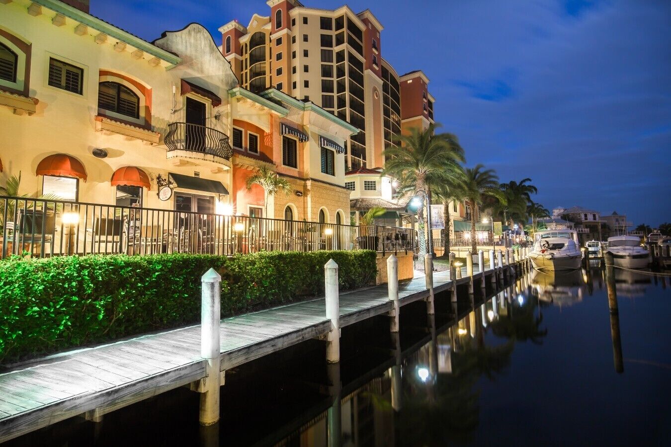 A waterfront hotel with a wooden dock, a marina with boats, and a row of palm trees.
