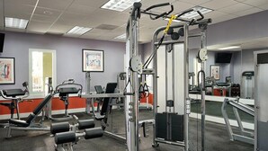 Uma academia com diversos equipamentos de exercícios, incluindo máquinas de musculação e pesos livres.