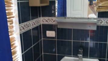 Shower, towels, soap, toilet paper