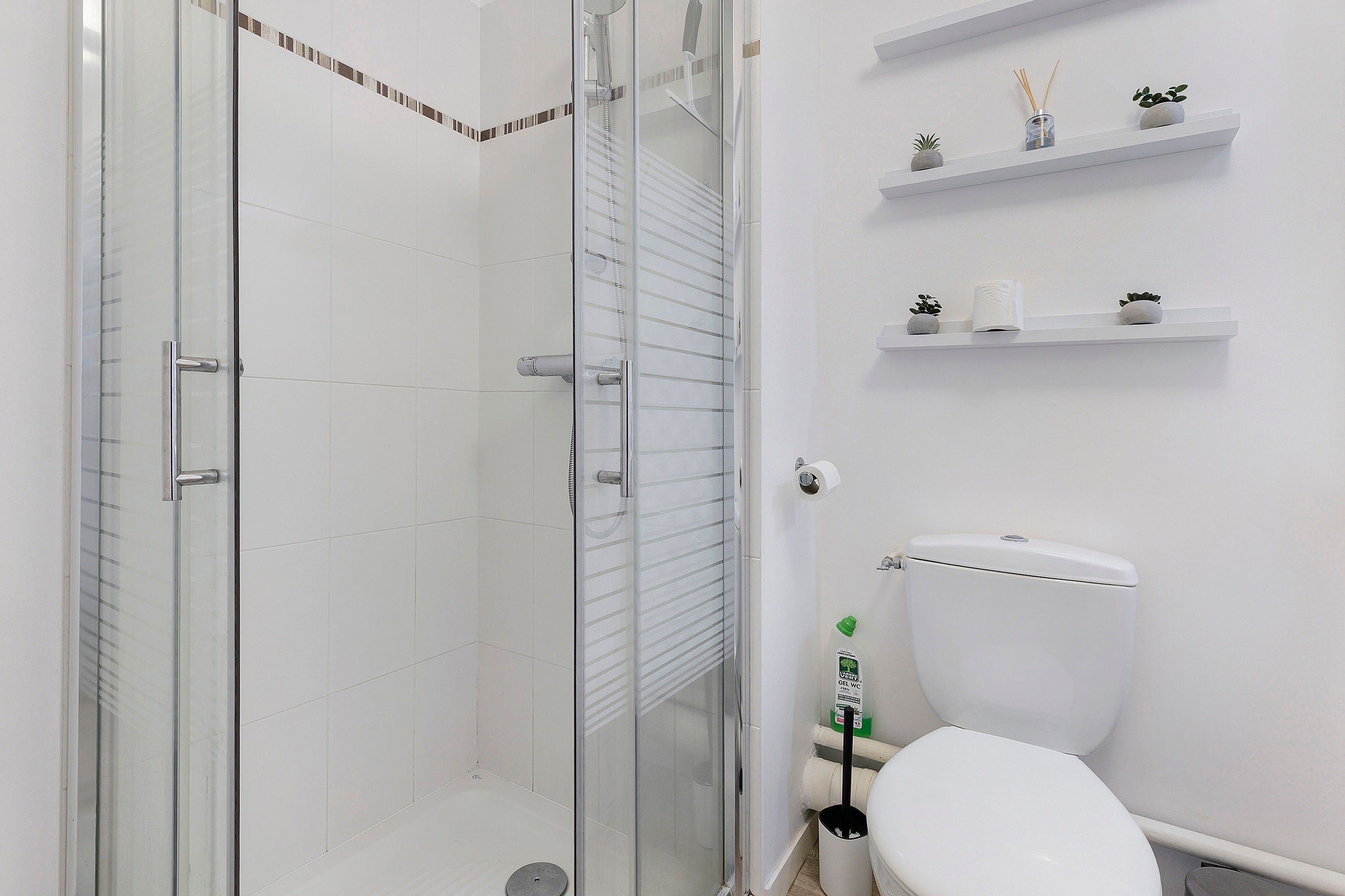 A bathroom with a glass-enclosed shower, a toilet, and shelves with toiletries.