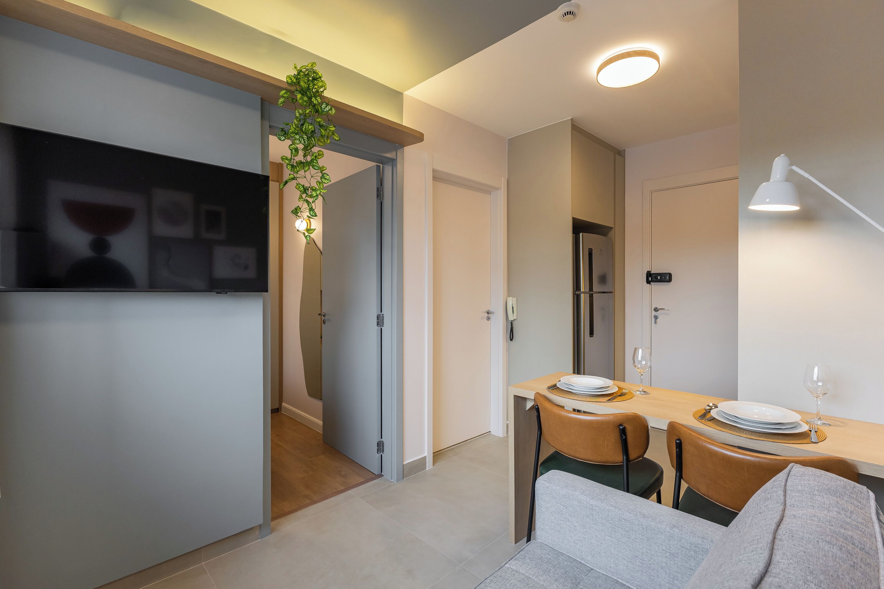 A modern kitchen with a dining area, a flat-screen TV, a hanging plant, and a phone on the wall.